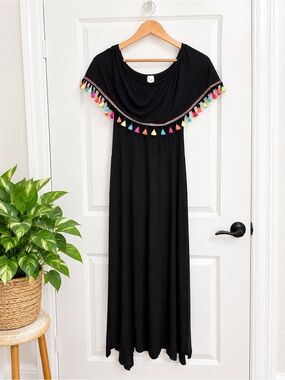 Black Maxi Dress with Multicolor Tassel Trim